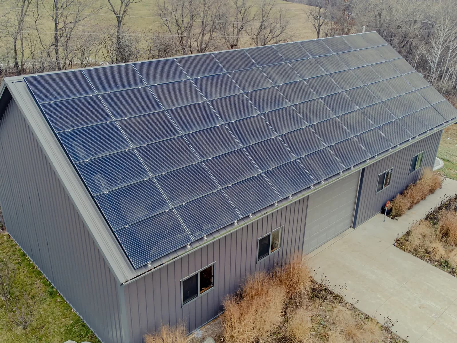 Pitched roof covered edge to edge with solar panels