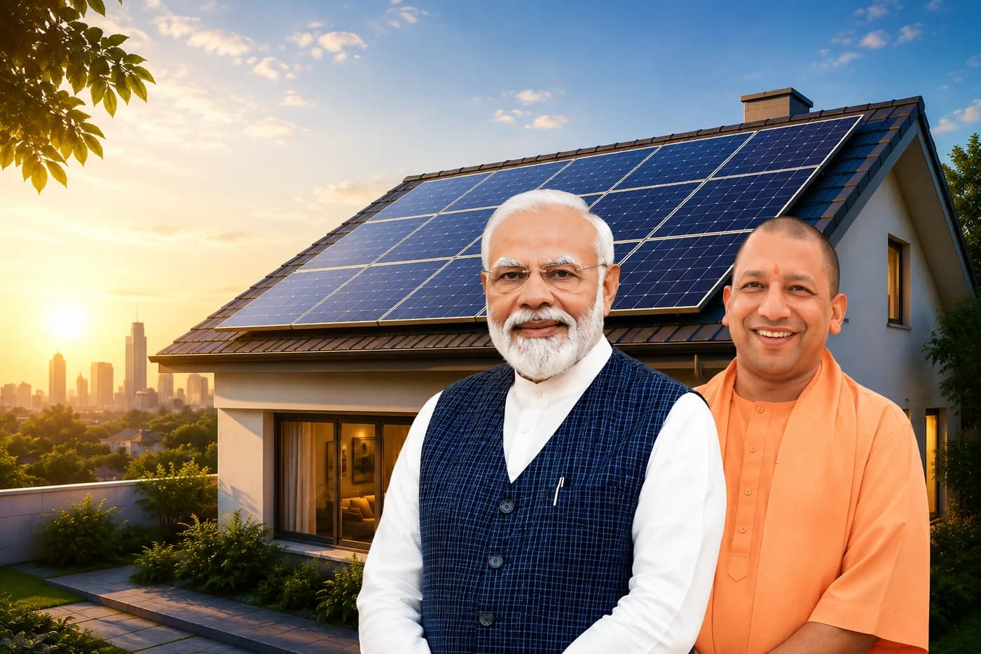 Rooftop solar panels on a home at sunrise, with portraits representing the PM Surya Ghar scheme